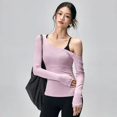 Damen-Yoga-T-Shirt, Langarm, Slim Fit, Schulterfrei