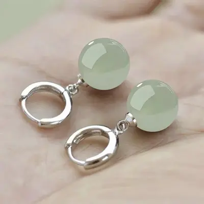 925 silver Hetian jade earring studs, needle type, women's ear jewelry - 1