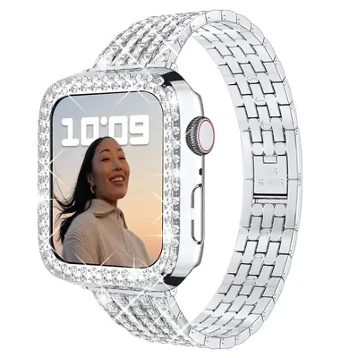 Apple Watch 12345678 uyumlu metal kordon, tam taşlı, beş boncuklu