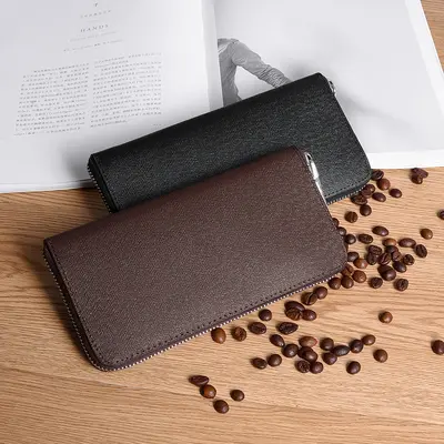 Men's Mid-Length Wallet, Split Leather, Zipper Clutch - 2