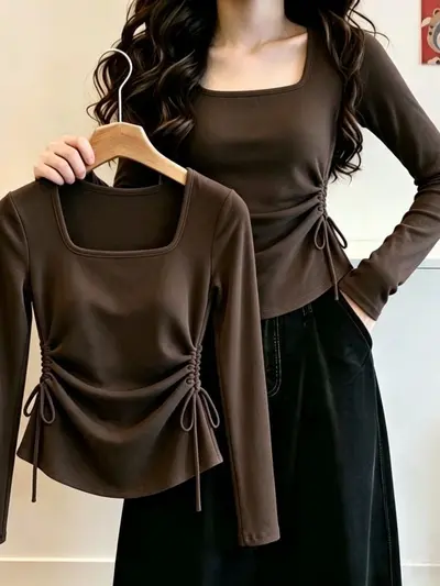 Slimming Square Neck Long Sleeve T-Shirt for Women, 2026 Autumn New Arrival, Irregular Pleated Drawstring Top, Dropshipping Available