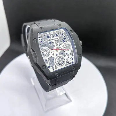 Men's quartz watch, barrel design, silicone strap, hollow dial - 9