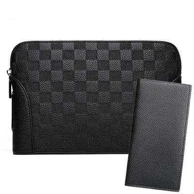 Men's Clutch Bag with Fingerprint Lock, Phone and Coin Compartments, Checkered Pattern - 9