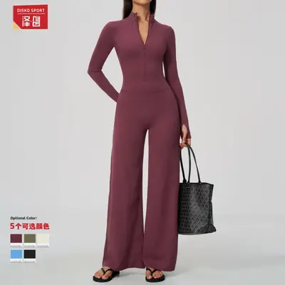 Damen Reißverschluss-Yoga-Overall, langarm, mit weitem Bein