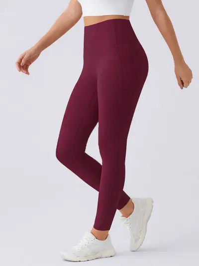 Solid Color Yoga Pants with Side Pockets, Nude-Feel Sports Shorts - 7