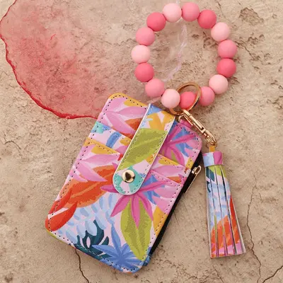 Floral PU Leather Women's Card Holder Wallet with Silicone Bead Bracelet - 9