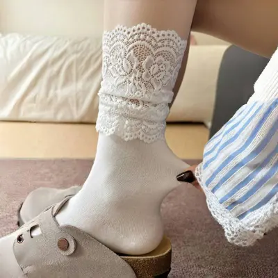 Women's Lace Over-the-Knee Socks with Vertical Pattern, JK Style - 11