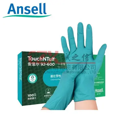 Промоционные одноразовые химические лабораторные защитные перчатки Ansell 92-600 из нитрила, износостойкие, кислото- и щелочестойкие, ПВХ