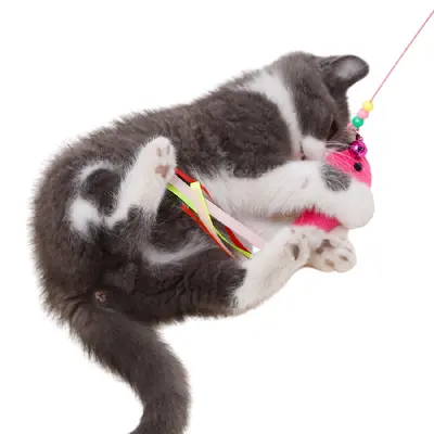 Two-Color Feather Cat Teaser Wand, Steel Wire Interactive Cat Toy - 4