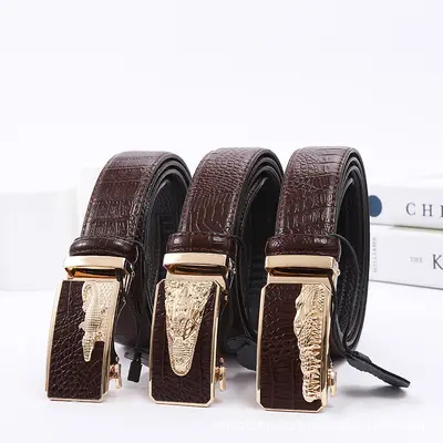 New Crocodile Logo Automatic Buckle Crocodile Texture Leather Belt Men's Business Formal Wear Durable Multi-Color Versatile Cowhide Waist Belt - 3