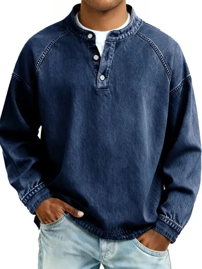 Men's Washed Distressed Vintage Stand-Collar Long-Sleeve Sweatshirt