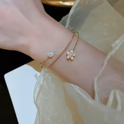 Cubic zirconia mermaid princess flower open bangle bracelet - 3