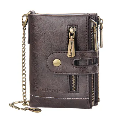 Men's short wallet, large capacity, double zipper, multi-card slots, anti-lost chain - 9