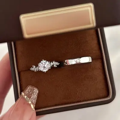 Wedding simulated diamond ring pair, moissanite, adjustable - 2