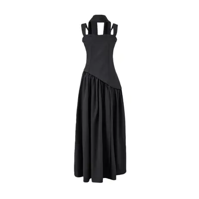 Damen-Trägerkleid, langer Rock mit hohem Schlitz, Taillenfalten