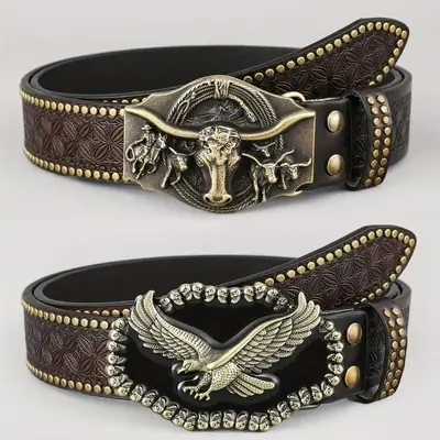 Western cowboy belt, youth punk style embossed men's studded leather belt, wholesale ethnic style belt in stock.