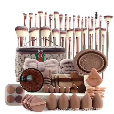 67-Piece Brown Makeup Brush and Powder Puff Set, 30 Brushes - 8