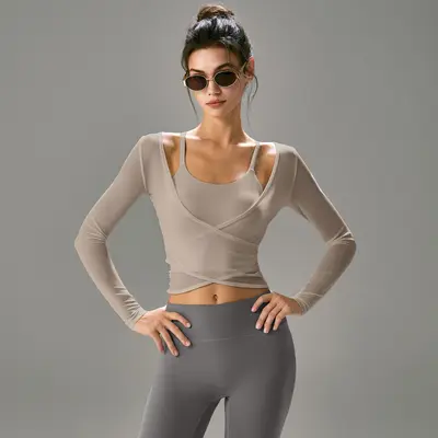 专业瑜伽服女套装长袖收腰显瘦运动健身两件套高级感普拉提带胸垫 - 7