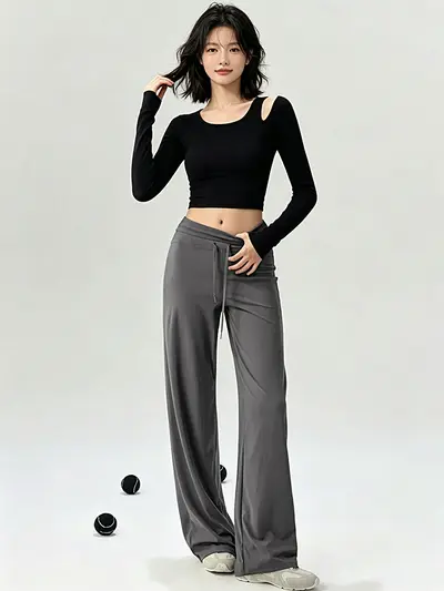 Loose yoga long pants women wide leg pilates fitness long sleeve - 2