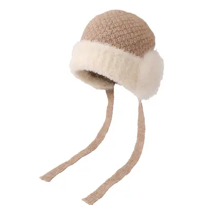 Thick Plush Knit Beanie for Women, Windproof with Ear Protection