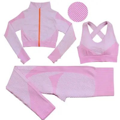 Women's Seamless Zipper Yoga Set, Three-Piece, Long Sleeve, Autumn Winter - 12