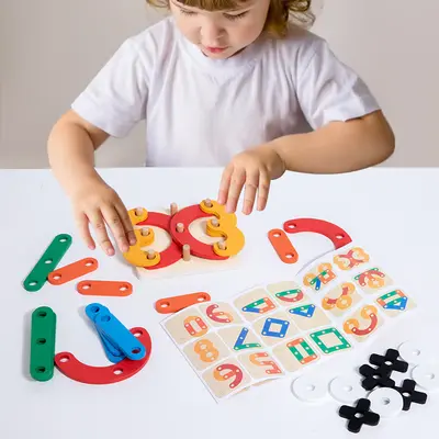 Montessori Wooden Tic-Tac-Toe Puzzle Board, Geometric Shape Assembly Game - 3