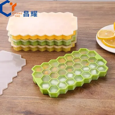 Petek buz kalıbı buz küpü kutusu DIY 37-ızgaralı buzlu şeker kalıbı silikon kapaklı buz küpü kalıbı petek yaratıcı buz yapma kutusu