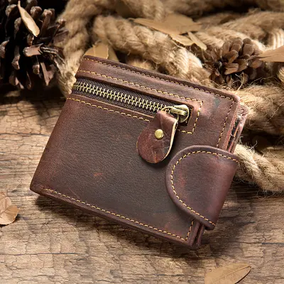 Crazy Horse Leather Men's Short Wallet, Genuine Top-Grain Cowhide - 8