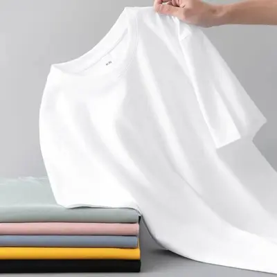 Sommerliches Milchweiß-Seide-180g-Baumwoll-Herren-T-Shirt mit kurzen Ärmeln in Weiß, lockerer Schnitt, undurchsichtige Auskleidung, Sommer-Oberteil, direkt vom Hersteller - 7