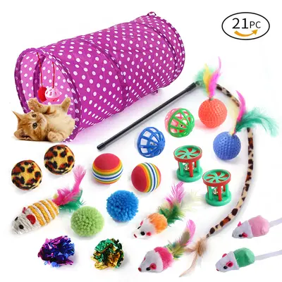 Cat Toy Set 21 Pieces with Cat Tunnel, Feather Wand and Mice - 7