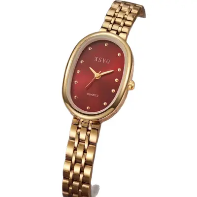 Sınırötesi Başarılı Kırmızı Kadran Altın Kadın Kuvars Saati Vintage Oval / Kare Kadın Saati Hafif Lüks Niş Tasarım - 6