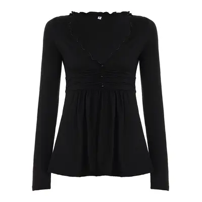 Damen Langarmshirt mit V-Ausschnitt, Rüschen, A-Linie, einfarbig