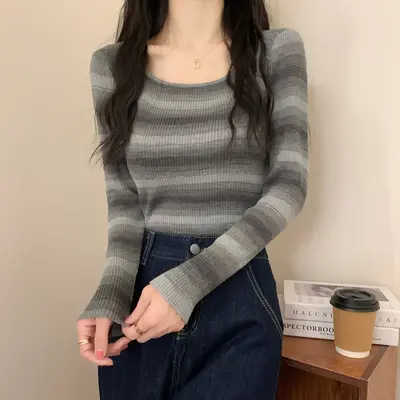 Women's Square Neck Long Sleeve Knit Base Top, Contrast Stripe, Korean Style - 8