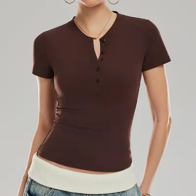 Summer Yoga Henley Shirt, Short Sleeve, Stretch Slim Fit, Running and Training - 9