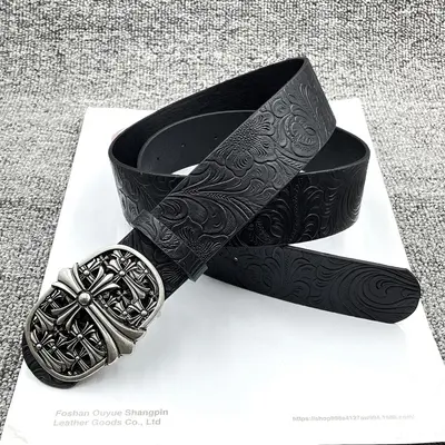 American Vintage Cross Metal Buckle Belt Unisex Kro New Design Y2K Black Embossed Leather Belt - 7