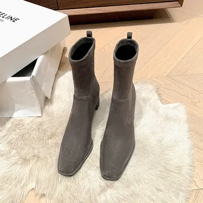 Kadın Kalın Topuklu Süet Görünümlü Bot, Esnek, İnce Model, Kısa Çizme - 11