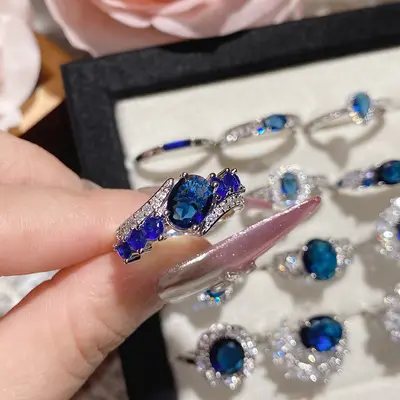 Mavi korundum taşlı gümüş yüzük - 5