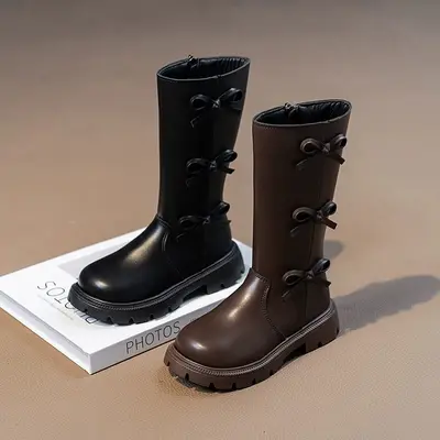 Mädchen-Lederstiefel, lang, Herbst/Winter 2026, mit Schleife