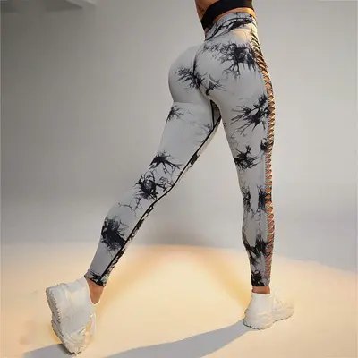 Batik-Yogahose mit seitlichen Cut-Outs, High-Waist, nahtlos, Sportleggings