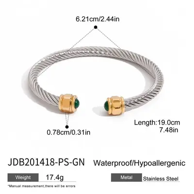 Natural Stone Titanium Steel Open Bangle, Non-Fading - 11
