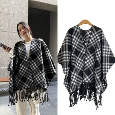 Women's Long Cashmere-Look Side Slit Cape Shawl, Warm - 12