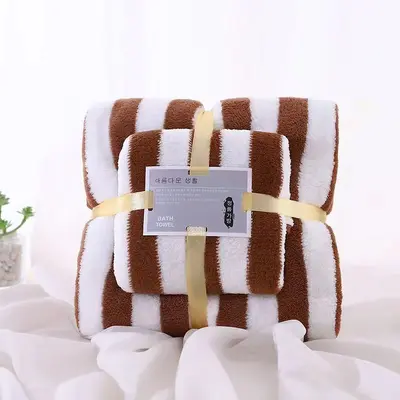 Coral fleece towel set, wide stripe, strong water absorption - 11