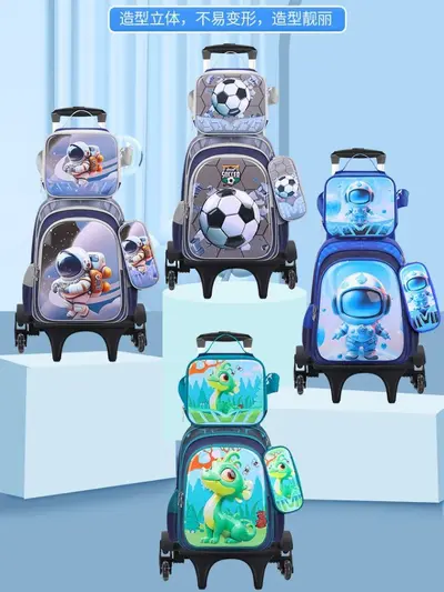 New 3D leather primary school student nylon fabric three-piece set children's backpack school bag export lunch bag factory ready stock