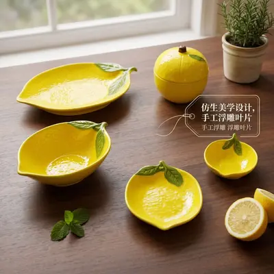 Zitronenförmige Keramikschale mit Deckel, Salatschüssel und Dessertteller