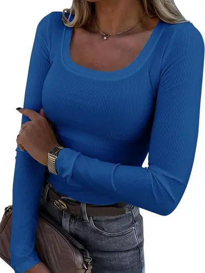 Damen-T-Shirt, Rippstrick, langärmlig, figurbetont, U-Ausschnitt