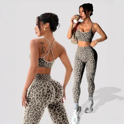 Leopard Print Women's Yoga Set with Sports Bra and High-Waist Pants - 11