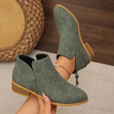 Pointed-Toe Back Zip Short Martin Boots Women's Plus Size Genuine Leather - 7