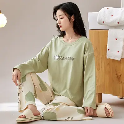 Kadın %100 pamuklu pijama takımı, sonbahar-kış - 12