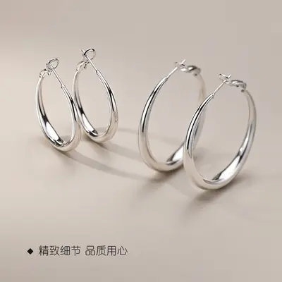 S999纯银大圆圈耳环女款小众轻奢高级感个性素圈耳扣耳饰抖音代发
