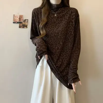 Damen-Langarmshirt mit Leopardenmuster, Halbrollkragen, große Größen, Herbst